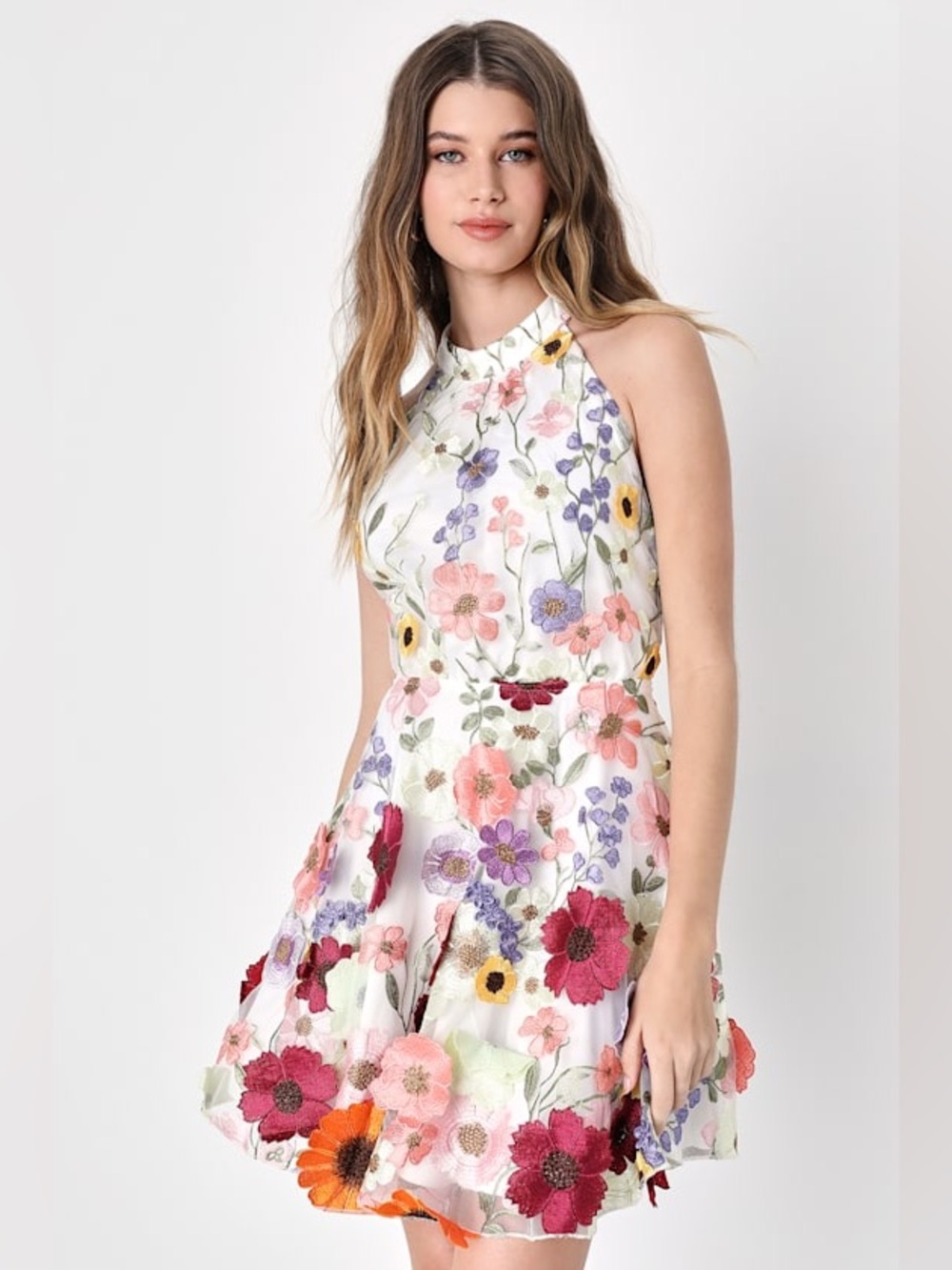 Lulus Blooming Bliss Ivory 3D Floral Embroidered Halter Mini Dress sz M